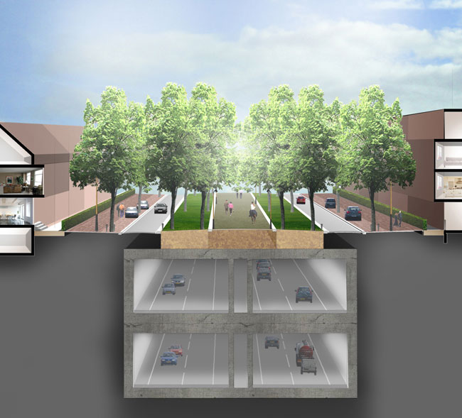 Le projet « De Groene Loper » (Le tapis vert) met l'autoroute à deux niveaux souterrains ; en surface sont realisés des espaces publics et un nouveau quartier urbain © A2 Maastricht