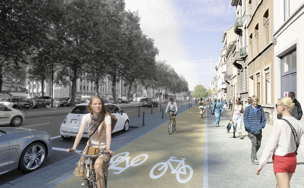Nieuwe fietspaden en trottoirs. Aan de centrale zones wordt niet geraakt. Oorspronkelijk beeld © kleine-ring.brussels